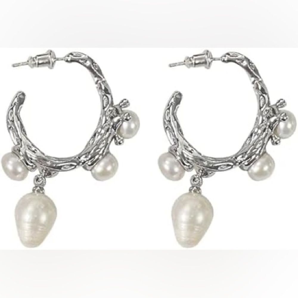 Lunar Branch Pearl Hoops - Picture 3 of 4